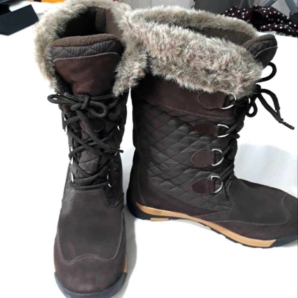Land's End Women's Suede & Quilted  Brown Fur Trim Fleece Lined Boots Size 10B - Picture 2 of 11